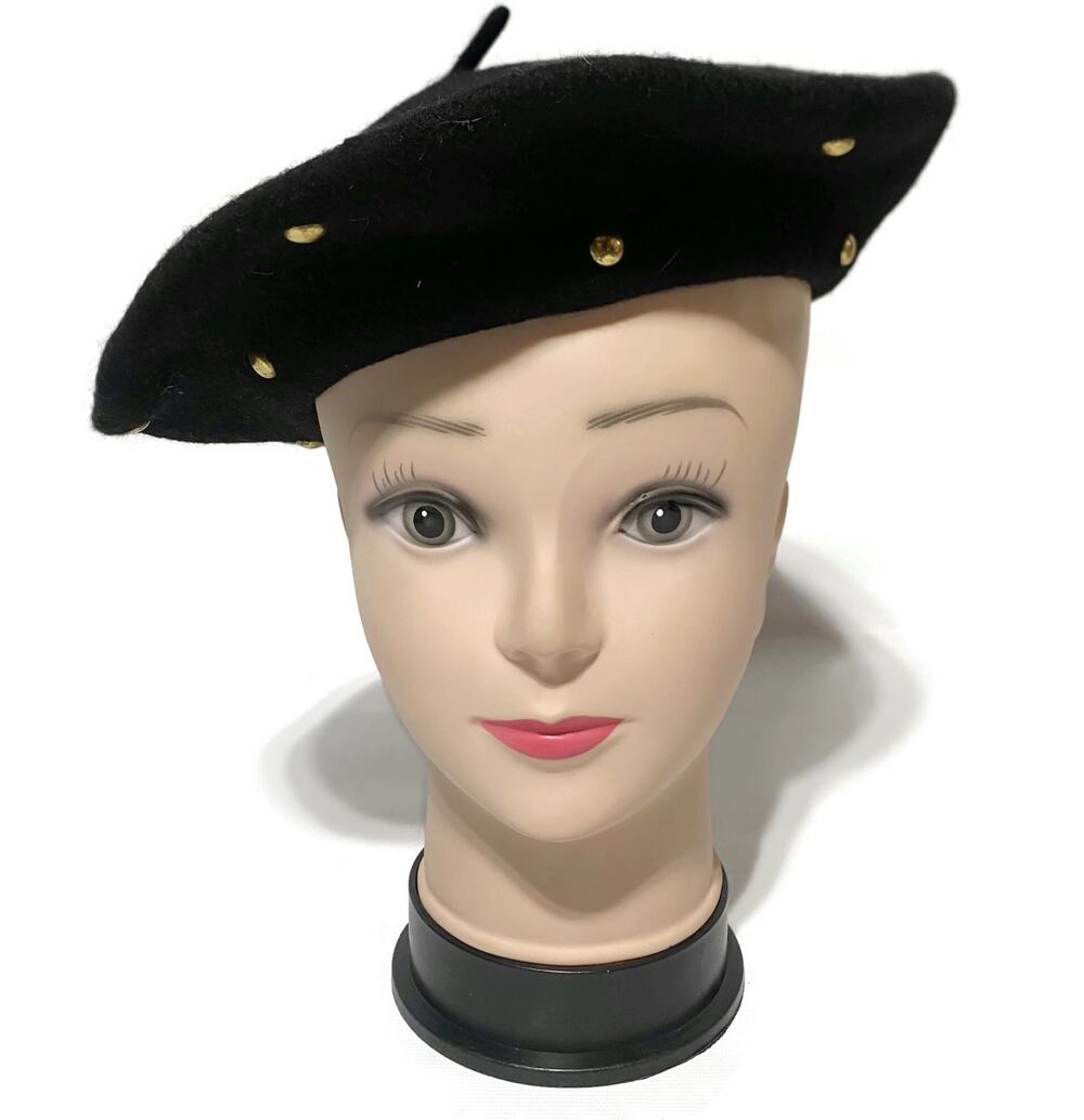 French Basque Beret Black Wool Felt Gold Accents Womens Hat Vintage